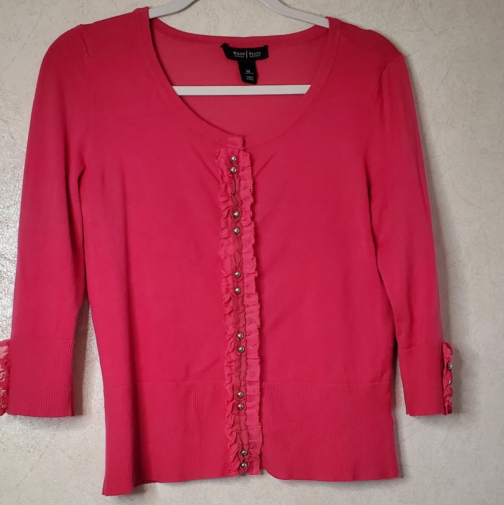 White House Black Market Pink Cardigan Sweater W/ Ruffled Buttoned Size M